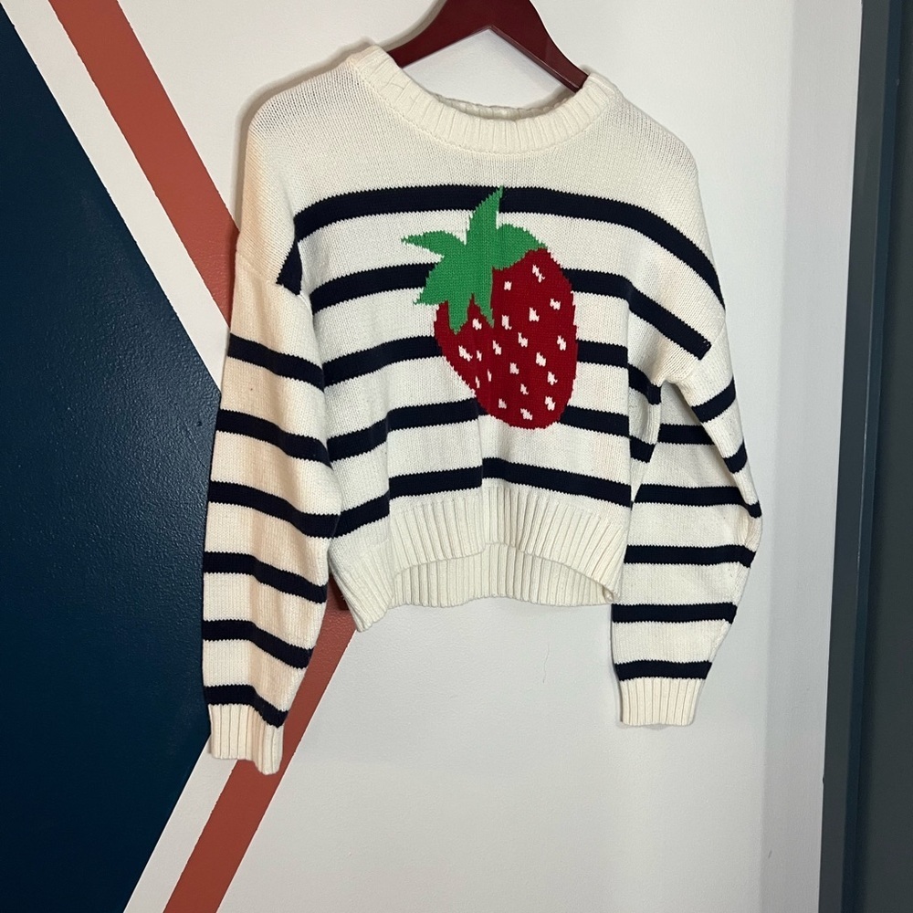 Freshman 1996 Navy and White Striped Sweater with Strawberry Motif